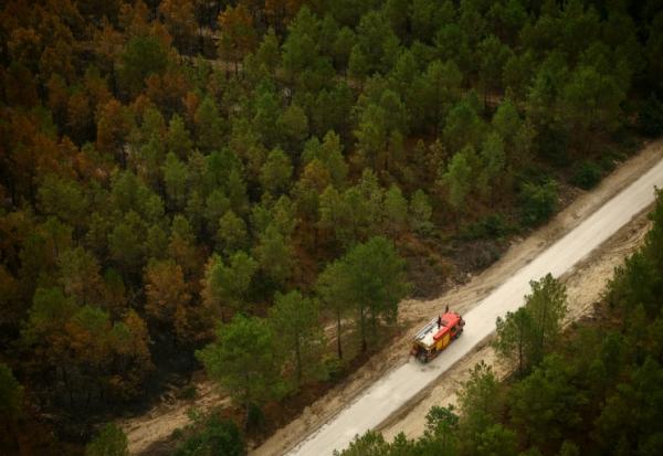 Vue aérienne depuis un hélicoptère de la sécurité civile montrant un camion de pompiers sur une route à Le Porge, en Gironde, le 31 juillet 2026