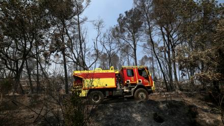 Un camion de pompiers dans une zone brûlée par un incendie de forêt à Montfort-sur-Argens, dans le Var, le 1er août 2026 