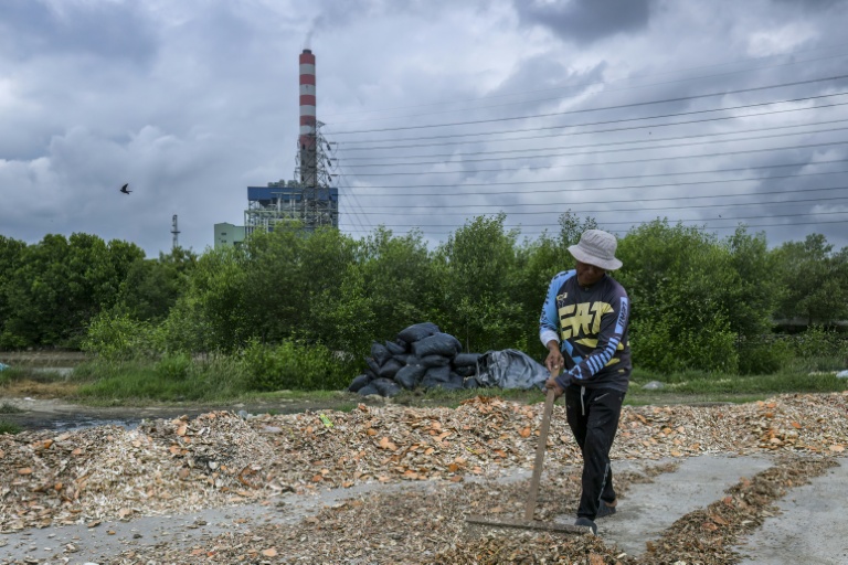 Un homme en train de sécher des carapaces de crabes avec en arrière-plan la centrale à charbon de Cirebon, en Indonésie, le 29 janvier 2026