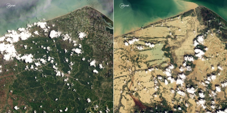 Montage avec deux images d'Aceh du Nord en Indonésie prises par satellite les 6 septembre et 30 novembre 2025, diffusé par Planet Labs PBC et créé le 1er décembre 2025