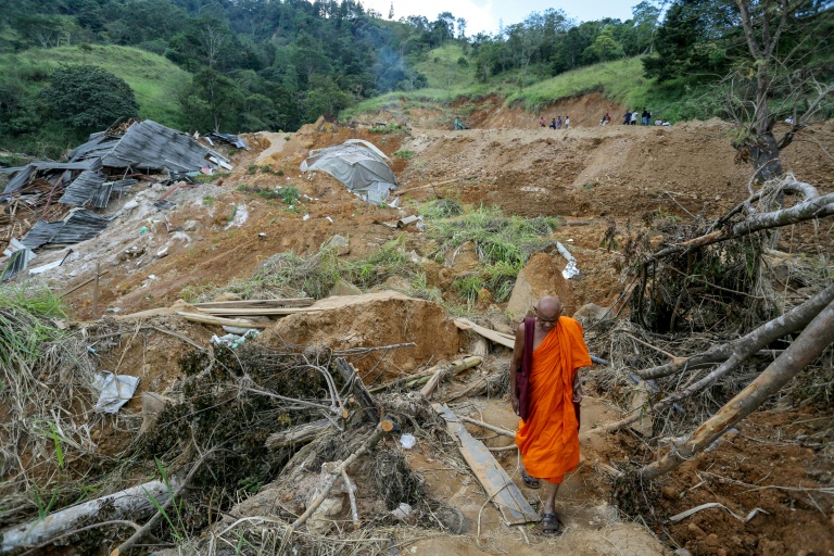 Un moine bouddhiste au milieu d'arbres déracinés et de maisons endommagées après des glissements de terrain provoqués par le cyclone Ditwah dans le village d'Ulapane, près de la ville de Nawalapitiya, dans le district de Kandy, le 7 décembre 2025 au Sri Lanka