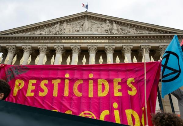Une banderole "Pesticides" devant l'Assemblée nationale, lors d'une manifestation à Paris, le 27 mai 2025