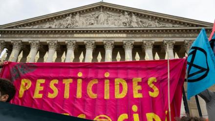 Une banderole "Pesticides" devant l'Assemblée nationale, lors d'une manifestation à Paris, le 27 mai 2025