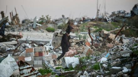 Un Palestinien transporte du bois à brûler dans les ruines du camp de réfugiés de Nousseirat, dans le centre de la bande de Gaza, le 31 décembre 2025