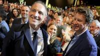 Le leader du parti Place publique et député européen Raphaël Glucksmann (g) et le sénateur écologiste Yannick Jadot (d) lors d'un rassemblement à Aubervilliers, le 13 juin 2026 en Seine-Saint-Denis