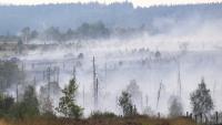 De la fumée s'échappe du sol et de la végétation brûlés lors d'un incendie de forêt dans la réserve naturelle des Hautes Fagnes, dans l'est de la Belgique, le 17 août 2026