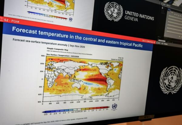 Un graphique montrant l'évoluation du phénomène El Nino, lors d'une conférence de presse de l'Organisation météorologique mondiale à Genève, le 3 septembre 2026