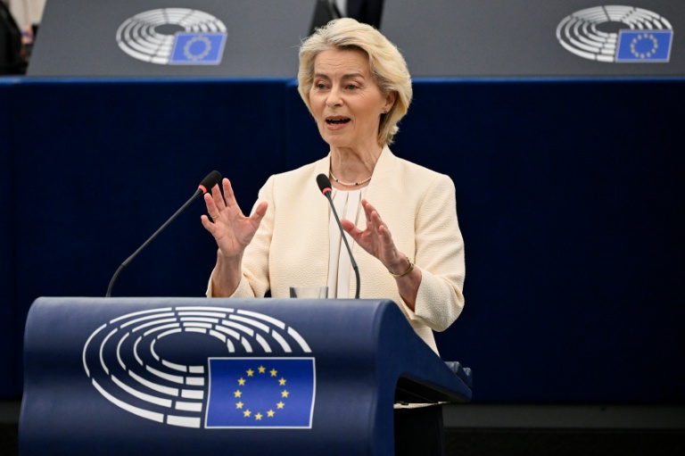 La présidente de la Commission européenne, Ursula von der Leyen, lors d'une session plénière du Parlement européen à Strasbourg,  le 16 septembre 2026 dans l’est de la France