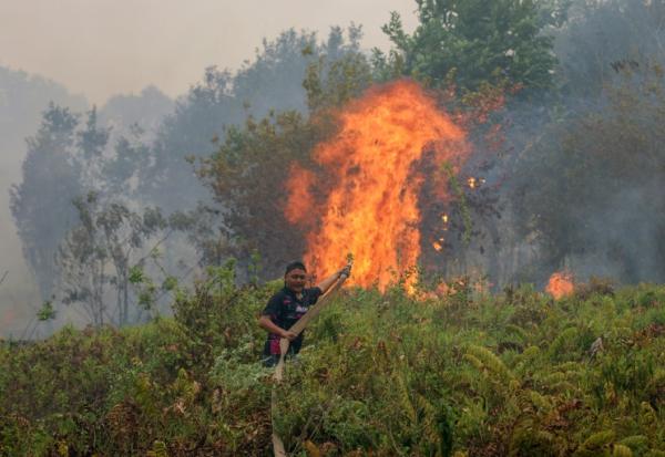 Un pompier éteint un incendie dans le village de Sungai Tabuk, dans la province de Kalimantan du Sud, le 16 octobre 2026 en Indonésie