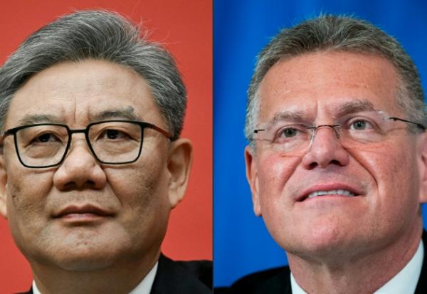 Montage photos du 26 juin 2026 montrant le ministre chinois du Commerce, Wang Wentao (g) et le commissaire européen au Commerce Maros Sefcovic