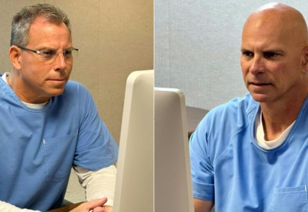 Montage photos montrant Erik Menendez (g), le 21 août 2025, et Lyle Menendez, le 22 août 2025, comparaissant devant la commission des libérations conditionnelles par téléconférence au centre correctionnel Richard J. Donovan à San Diego, en Californie