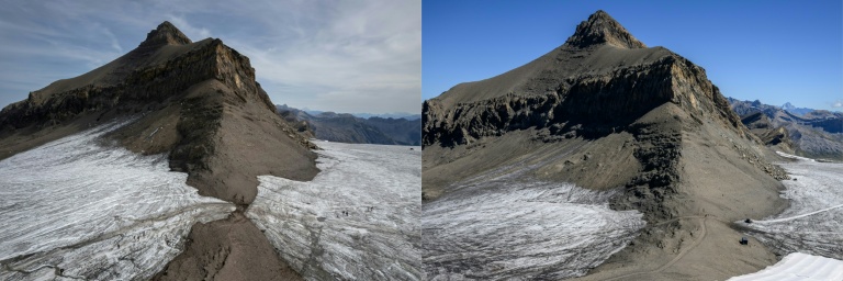Les glaciers de Tsanfleuron et du Scex rouge, dans le massif des Diablerets (Suisse), photographiés le 13 septembre 2022 (à gauche) et le 6 septembre 2026 (à droite)