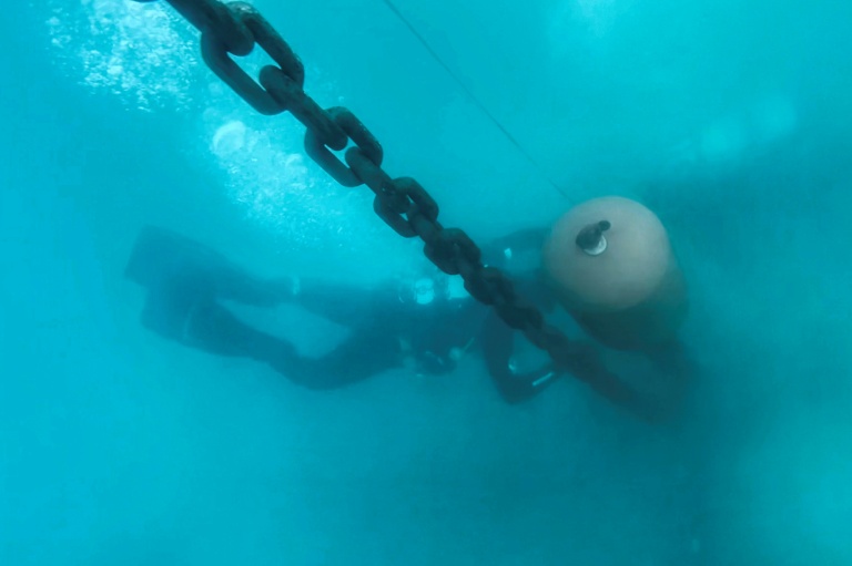 Des plongeurs professionnels installent un système d'amarrage écologique dans la baie de Porto Rafti, près d'Athènes, afin de protéger les herbiers de posidonie sensibles des fonds marins, le 11 février 2026 en Grèce