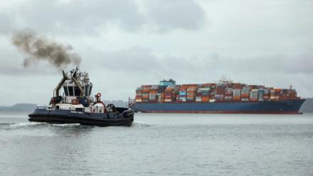 Un porte-conteneurs traverse le canal de Panama le 15 août 2025