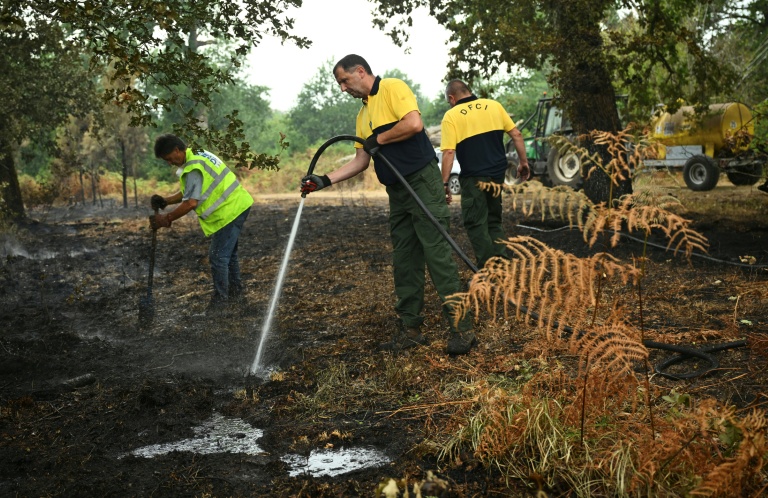 Des membres de la Défense des Forêts Contre les Incendies (DFCI) éteignent les débris d'un incendie, le 16 août 2026 à Luglon, dans les Landes   