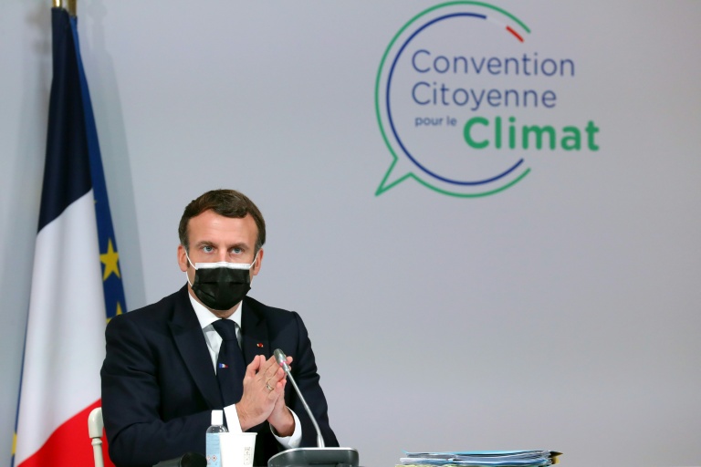Le président Emmanuel Macron devant les membres de la Convention citoyenne pour le climat, Paris, le 14 décembre 2020
