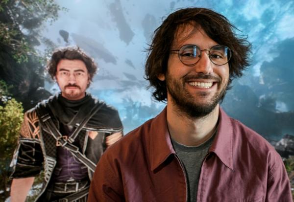 Le fondateur et directeur créatif de Sandfall Interactive, Guillaume Broche, pose devant une image d'un personnage de "Clair Obscur: Expedition 33" au siège de Sandfall Interactive à Montpellier (Hérault), le 10 avril 2025