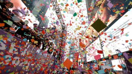 Pluie de confettis à Times Square, à New York, lors des préparatifs du Nouvel An, le 29 décembre 2025