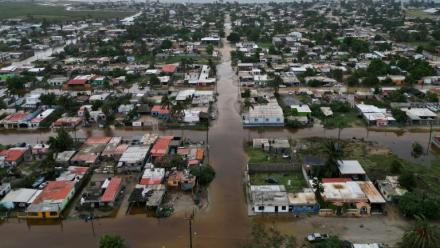 Vue aérienne des inondations après le passage de l'ouragan Polo à Puerto Sans Carlos, en Basse-Californie du Sud, le 29 septembre 2026 au Mexique