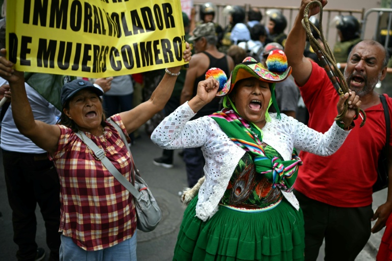 Des manifestants scandent des slogans après avoir appris que le Congrès péruvien avait destitué le président par intérim José Jeri, à Lima, le 17 février 2026