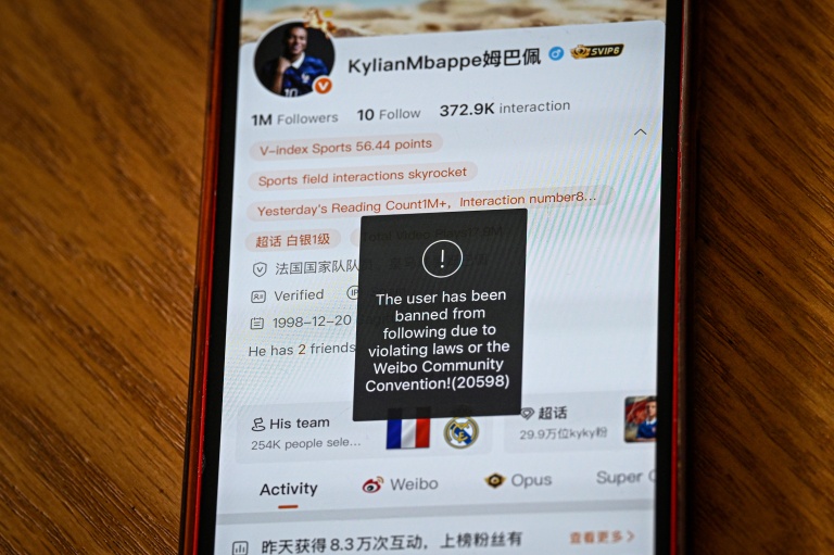 Le compte du footballeur Kylian Mbappé sur le réseau chinois Weibo inaccessible, le 28 octobre 2026 à Shanghai