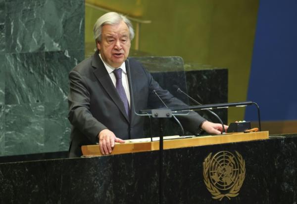 Le secrétaire général de l'ONU, Antonio Guterres, lors de la 11e Conférence d'examen du Traité sur la non-prolifération des armes nucléaires (TNP) au siège des Nations unies à New York, le 27 avril 2026
