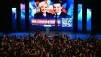 Les portraits de Marine Le Pen et Jordan Bardella à l'occasion de la réunion du 1er mai du Rassemblement national (RN), à Narbonne, le 1er mai 2025