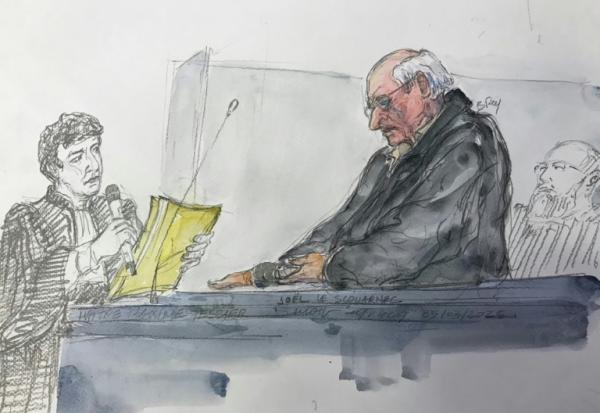 Croquis d'audience du chirurgien pédocriminel Joël Le Scouarnec (à droite) à son procès, le 5 mars 2025 à Vannes, dans l'ouest de la France 