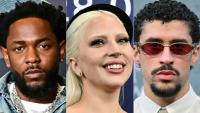 Photomontage des favoris des 68e Grammy Awards, Kendrick Lamar, Lady Gaga et Bad Bunny