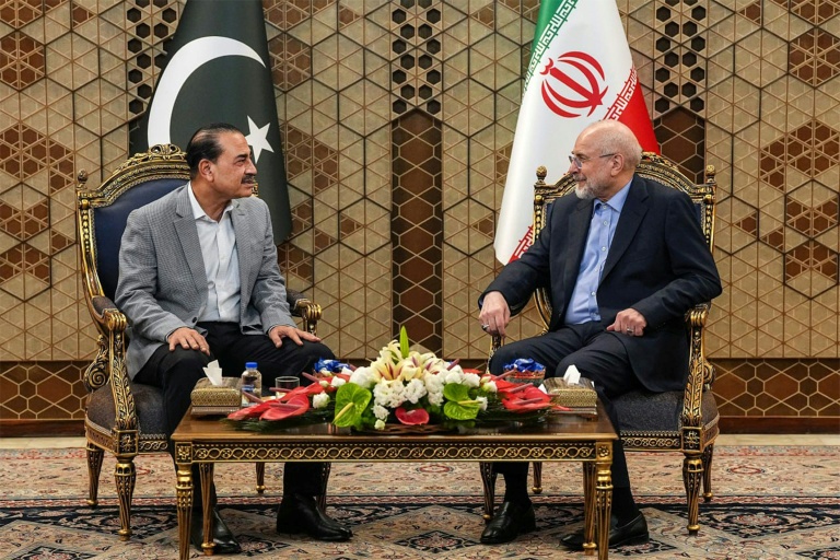 Photo fournie par l’Agence de presse de l’Assemblée consultative islamique (ICANA) montrant le président du Parlement iranien Mohammad Bagher Ghalibaf (à droite) et le chef de l’armée pakistanaise Asim Munir à Téhéran le 23 mai 2026