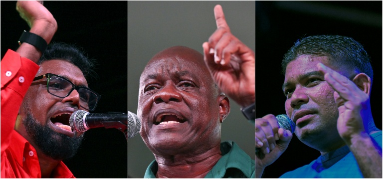 Ce combo d'images d'archives créé le 31 août 2025 montre (de g. à d.) le président sortant du Guyana Mohamed Irfaan Ali, l'oposant Aubrey Norton et le populiste Azruddin Mohamed