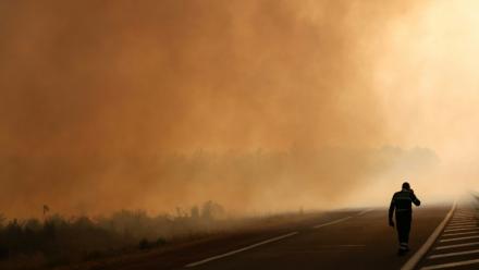 Un pompier marche sur une route en bordure d'une zone en feu à Ares, le 26 juillet 2026, alors qu'un incendie ravage la forêt au nord du bassin d'Arcachon en Gironde depuis le 22 juillet