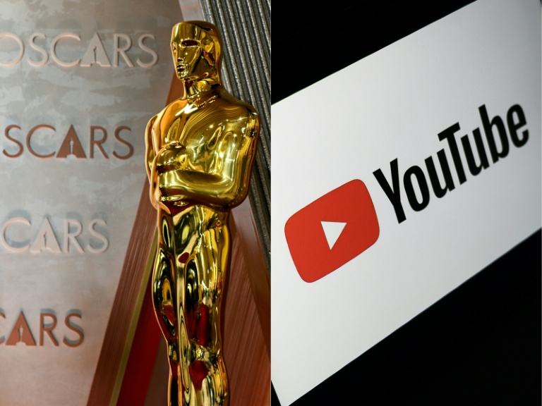 Une statuette des Oscars et le logo de YouTube dans un combo monté par l'AFP le 17 décembre 2025