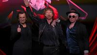 (g-d) Ron Wood, Mick Jagger et Keith Richards, du groupe de rock britannique The Rolling Stones, lors du lancement de leur nouvel album "Hackney Diamond" à Londres, le 6 septembre 2023