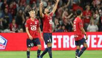Le Français Olivier Giroud célèbre son but lors du match de Ligue 1 entre Lille et Monaco au stade Pierre-Mauroy de Villeneuve-d'Ascq le 24 août 2025