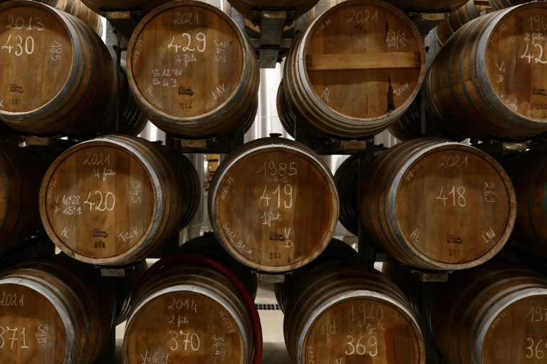 Des fûts de cognac dans la cave d'un producteur à Jarnac-Champagne, en Charente-Maritime, le 20 mars 2025