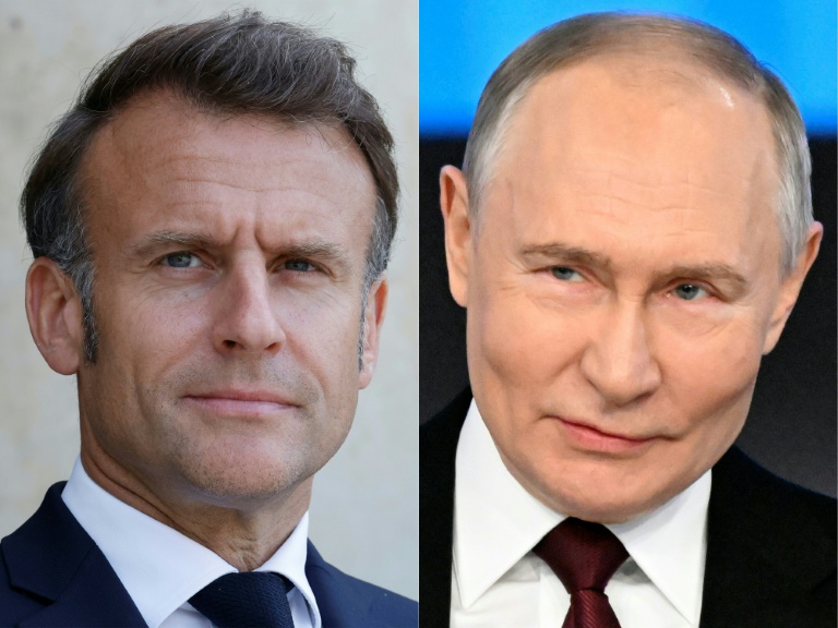 Emmanuel Macron (g) et Vladimir Poutine, sur un combo d'images diffusé le 1er juillet 2025