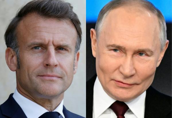 Emmanuel Macron (g) et Vladimir Poutine, sur un combo d'images diffusé le 1er juillet 2025