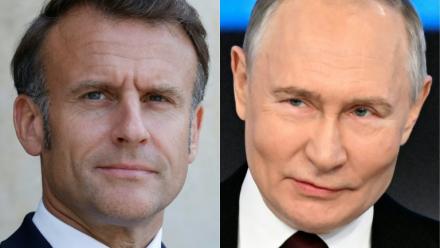 Emmanuel Macron (g) et Vladimir Poutine, sur un combo d'images diffusé le 1er juillet 2025