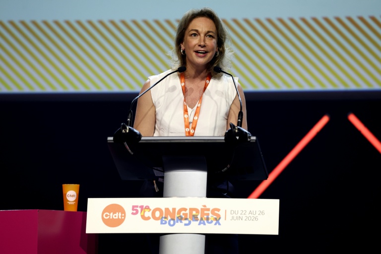 La secrétaire générale du syndicat Confédération française démocratique du travail (CFDT), Marylise Léon, prononce un discours lors de l'ouverture du 51e congrès de la confédération, Bordeaux, le 22 juin 2026