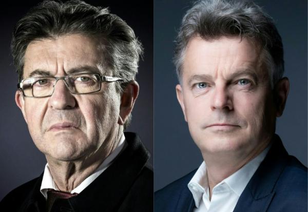 Combinaison d'images créée le 9 avril 2023 du leader de La France insoumise Jean-Luc Mélenchon à gauche et du premier secrétaire du PCF Fabien Roussel à droite
