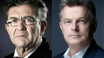 Combinaison d'images créée le 9 avril 2023 du leader de La France insoumise Jean-Luc Mélenchon à gauche et du premier secrétaire du PCF Fabien Roussel à droite