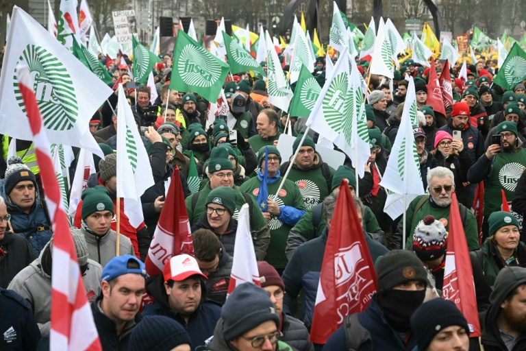 Des drapeaux de la FNSEA lors d'une marche d'agriculteurs européens vers le Parlement européens contre l'accord de libre-échange entre l'UE et les pays du Mercosur le 20 janvier 2026 à Strasbourg