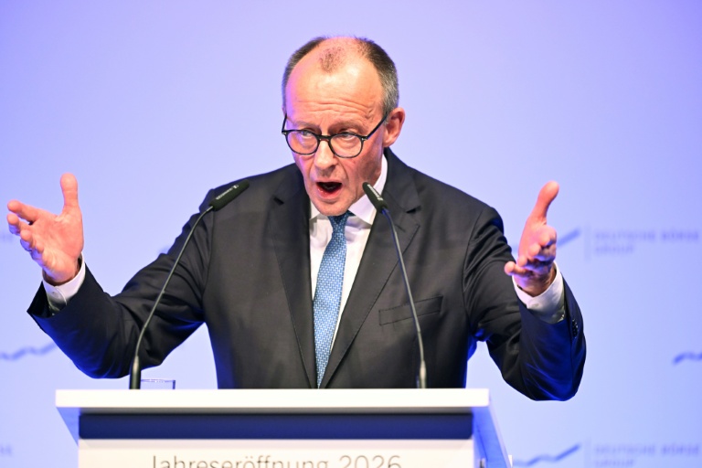German Chancellor Friedrich Merz delivers a speech at the annual reception of the stock exchange operator Deutsche Boerse in Eschborn, western Germany, on February 2, 2026. 