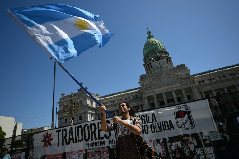 Un manifestant brandit le drapeau national argentin lors d'une manifestation devant le Parlement où est examinée la réforme du travail du président Javier Milei, à Buenos Aires, le 27 février 2026