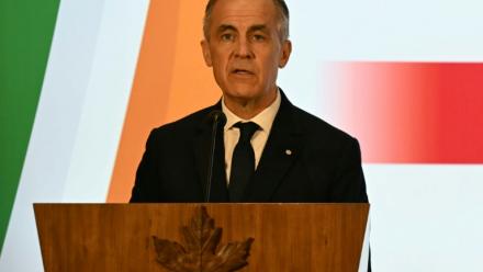 Le Premier ministre canadien Mark Carney s'exprime lors du Forum Canada-Inde à l'hôtel Taj Mahal Palace de Bombay, le 28 février 2026