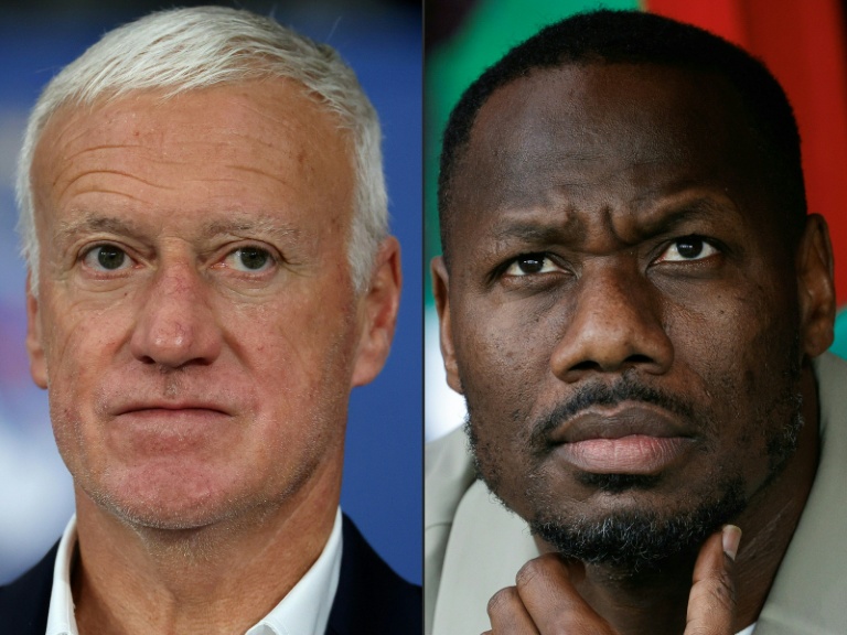 Combinaison d'images créée le 14 juin 2026 avec à gauche  l'entraîneur de l'équipe de France de football Didier Deschamps à Villeneuve-d'Ascq, dans le Nord, le 8 juin 2026, et à gauche l'entraîneur de l'équipe de football du Sénégal Pape Thiaw, à Tanger au Maroc le 3 janvier 2026