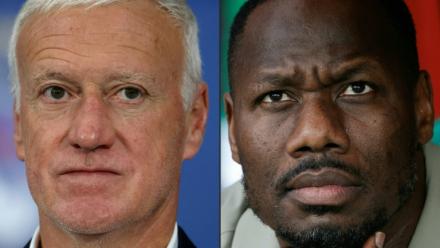 Combinaison d'images créée le 14 juin 2026 avec à gauche  l'entraîneur de l'équipe de France de football Didier Deschamps à Villeneuve-d'Ascq, dans le Nord, le 8 juin 2026, et à gauche l'entraîneur de l'équipe de football du Sénégal Pape Thiaw, à Tanger au Maroc le 3 janvier 2026