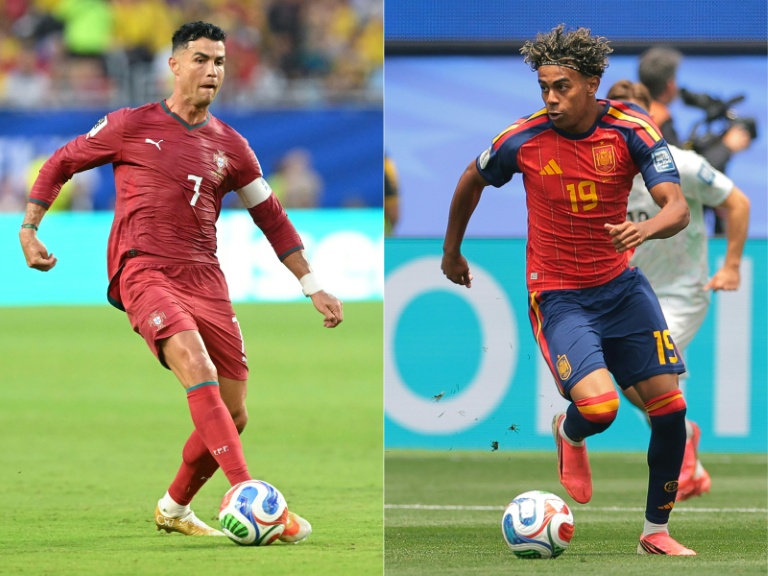 Combophoto édité le 4 juillet 2026 représentant la superstar du Portugal Cristiano Ronaldo (à gauche) et le prodige espagnol Lamine Yamal Nasraoui qui s'affrontent en 8e de finale du Mondial, deux jours plus tard à Dallas