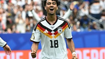 Nathaniel Brown fête son but contre le Curaçao lors du premier match de l'Allemagne dans le mondial 2026, le 14 juin à Houston.